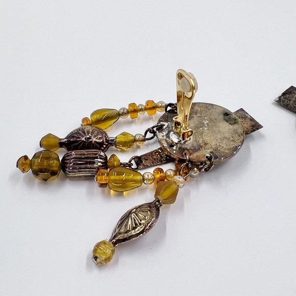 NWOT - Large Yellow Beaded Antiqued Gold Statement Chandelier Clip Earrings - Picture 6 of 8